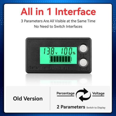 Waterproof Battery Monitor For 12V To 72V Systems With LCD Display And Green Backlight Voltage And Capacity Tester For Cars