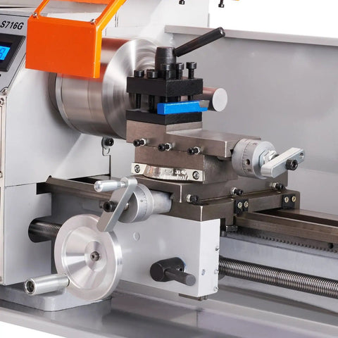 Brushless Mini Metal Lathe Machine 7X16 Inch 800W Digital Display with precision cutting tool and adjustable features.
