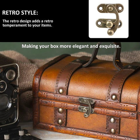 Two Piece Bronze Zinc Alloy Swing Arm Hasp Latch Set With Heavy Duty Mounting Screws For Jewelry Boxes Cabinets And Toolboxes on a vintage leather box.