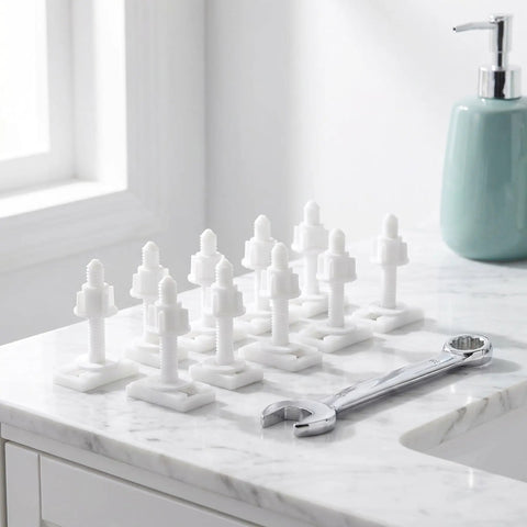 10 Piece Toilet Seat Bolt Kit With Plastic Screws Nuts And Washers on marble counter, includes wrench for installation.