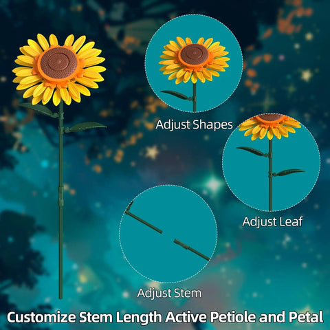Van Gogh Starry Night And Sunflowers Inspired Bouquet Building Set Lego Compatible Flowers For Adults Women Vibrant Blue Yellow White Blooms To Brighten Desk Or Home Decor Perfect Gift For Christmas Mothers Day Or Just Because adjustable sunflower stem and petals, ABS build