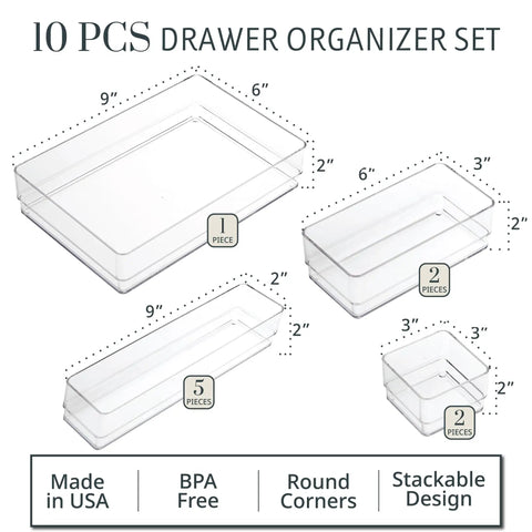 SimpleSort 10 Piece Stackable Clear Drawer Organizer Set with Multi Size Trays; image showing varying sizes and details