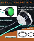 Green LED Indicator Light 110 To 220V AC with black anodized shell, showing flame retardant base and sealed components.