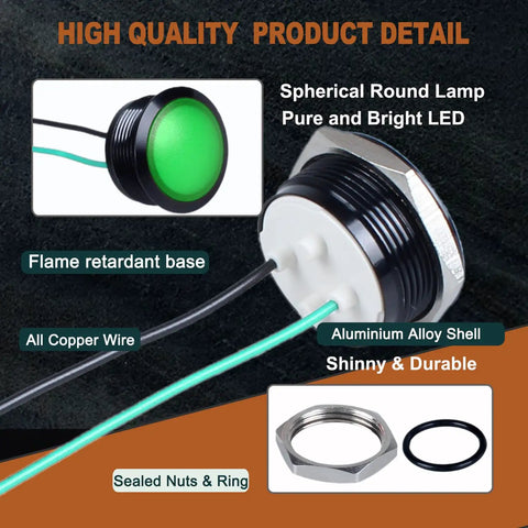 Green LED Indicator Light 110 To 220V AC with black anodized shell, showing flame retardant base and sealed components.