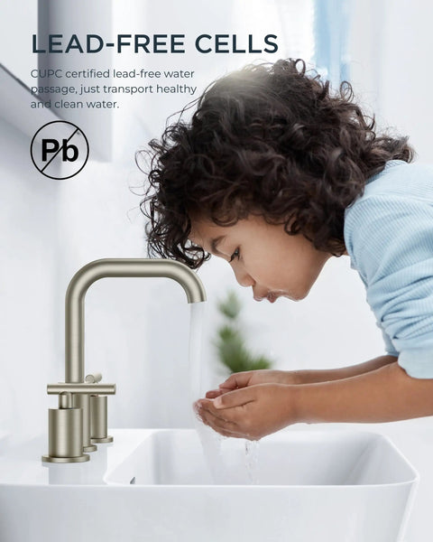 Child washing hands under Brushed Nickel 8 Inch Widespread Bathroom Faucet With Two Handles 360 Degree Swivel Pop Up Drain