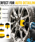Tough As Nails 21v Cordless Drill Driver Kit With Two Batteries And Five Cleaning Brushes Fifty Nm Torque garage cleaning wheel brush in use.