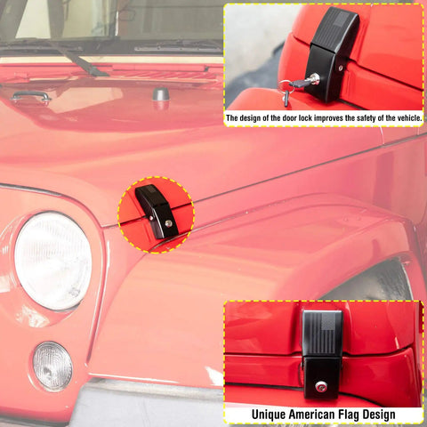 Heavy Duty Aluminum Hood Latch Kit With Locking Hood Catch For Jeep Wrangler JK JL Gladiator JT 2007-2025 installed on red hood
