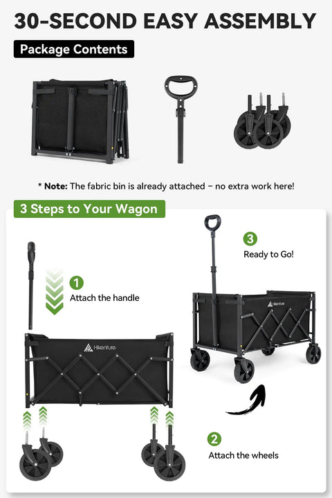 Heavy Duty Folding Wagon Cart With Wheels assembly steps, showing handle and wheel attachment for ready-to-use setup.