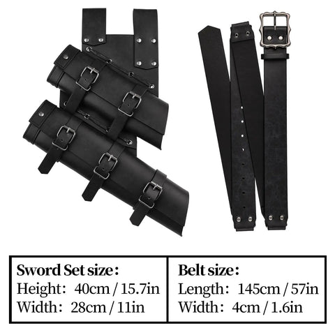Medieval Double Sword Belt And Sheath Set For Ren Faire Cosplay, adjustable black holder and buckle, faux leather material.