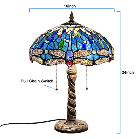 Sea Blue Dragonfly Tiffany Style Stained Glass Desk Lamp For Home Office Living Room Reading Light 16 Inch Shade And 24 Inch Tall