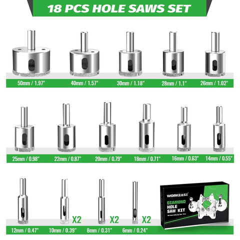 Workease 18-pc diamond hole saw kit with double suction guide for tile drilling, 6-50 mm.