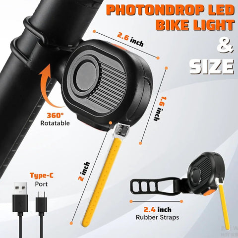 Bike Tail Light For Night Rides USB Rechargeable Waterproof Red LED Safety Light with dimensions and Type-C port shown