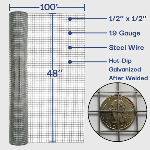 Go-To Half Inch Hardware Cloth Roll 4 Ft By 100 Ft 19-Gauge Galvanized Wire Mesh Garden Fence For Chickens, Gophers, And Critters