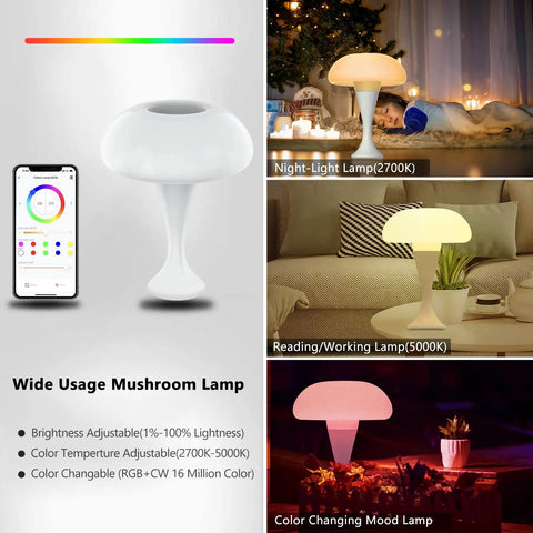 Mushroom lamp with color-changing features and brightness settings next to a smartphone, displayed in bedroom and living room settings.