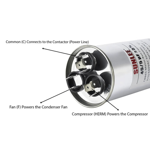 Dual Run Capacitor 45 And 5 Microfarads For HVAC Plug And Play 370V 440V CBB65 Round Replacement terminal view