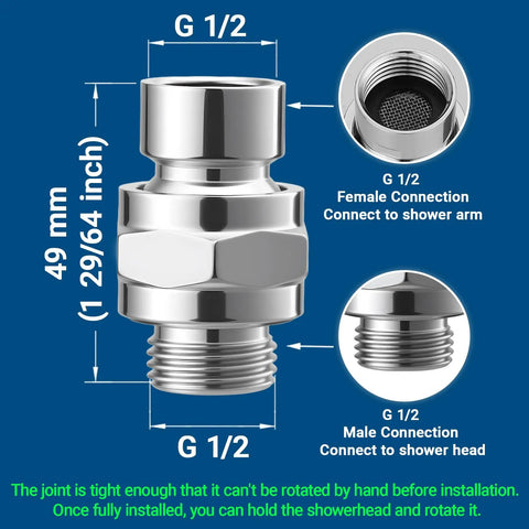 Solid Brass Shower Connector Ball Joint Swivel Adapter Chrome, Adjustable Shower Arm Extension, Leak Free Universal Shower Head Holder, Built To Last Brass Construction For High Pressure Easy Install, G 1/2 female and male threads, 49 mm