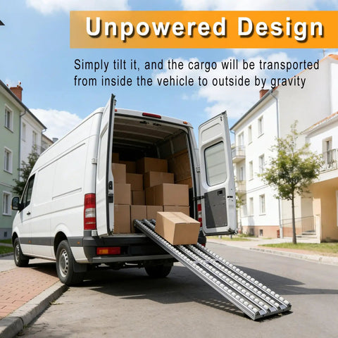 Van with collapsible conveyor roller system for warehouse unloading foldable unpowered gravity belt table, 15x78 inches