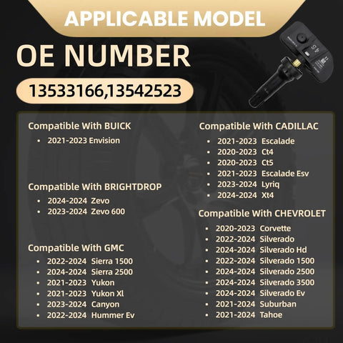 Applicable model and OE number details for Preprogrammed TPMS Tire Pressure Monitoring System Sensors 433 Mhz 4 Pack 13533166.