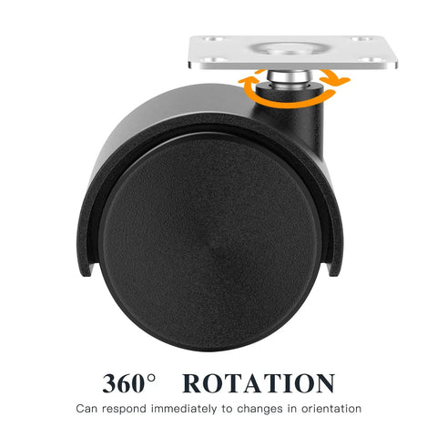 Close-up of 2 inch swivel caster with nylon wheel, showing 360° rotation feature for easy maneuvering. Level Up Your Setup With These Badass Heavy Duty 2 Inch Swivel Casters Set Of 4, Smooth Rolling Nylon Wheels For Furniture And Carts, Durable Build With Quick Install Stainless Steel Bolts.