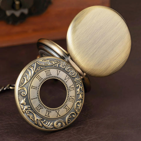 Mechanical Skeleton Pocket Watch With Roman Numerals Double Cover Half Hunter Design Bronze Tone Dial Standable On Table Photo Frame Inside Premium Box And Chain For Men And Women Dope Vintage Style