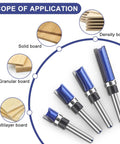 Heavy Duty Pattern Flush Trim Router Bit Set Featuring 1/4 Inch Shank And Bottom Bearing Kit For Laminate Veneer Edging uses solid carbide on various boards.