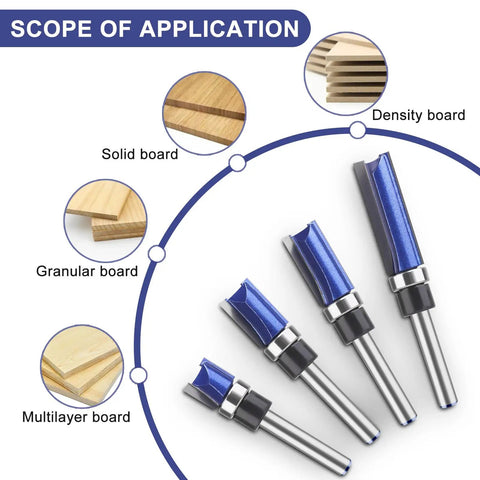 Heavy Duty Pattern Flush Trim Router Bit Set Featuring 1/4 Inch Shank And Bottom Bearing Kit For Laminate Veneer Edging uses solid carbide on various boards.