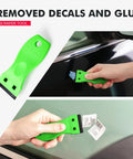 Green plastic scraper tool from Eraser Wheel for Drill Decal Remover With Adapter DIY Razor Blade Scraper Kit removing adhesive from car