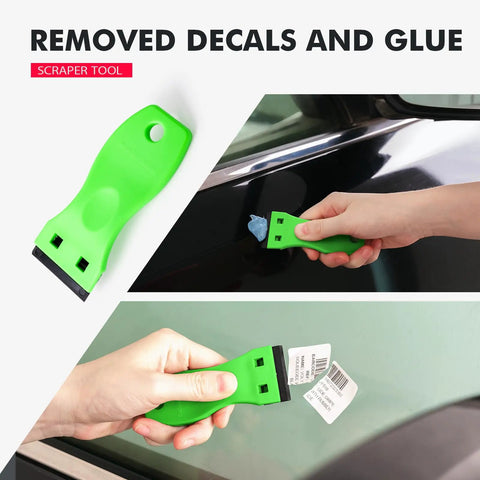 Green plastic scraper tool from Eraser Wheel for Drill Decal Remover With Adapter DIY Razor Blade Scraper Kit removing adhesive from car