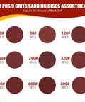 5-inch sanding discs, burgundy hook-and-loop, assorted grits 40-800, 9 discs shown