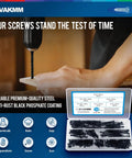 Image showing a case of drywall screws assortment kit with 160 pieces in five sizes displayed alongside a person using a drill.