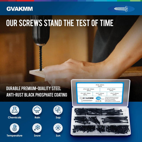 Image showing a case of drywall screws assortment kit with 160 pieces in five sizes displayed alongside a person using a drill.