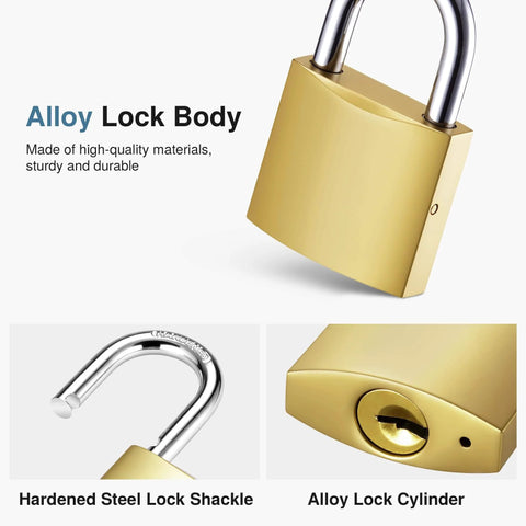 Two Pack Keyed Padlocks Waterproof 33mm Locker Locks With Keys gold padlock showing alloy body and hardened steel shackle.