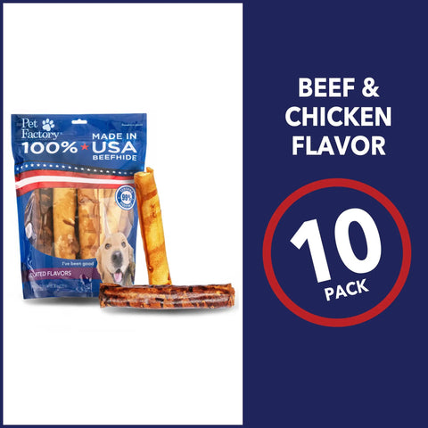 100% Made In USA Beefhide 8-Inch Rolls Chew Treats For Dogs Beef And Chicken Flavor 10 Count Pack Tough Long Lasting Natural Rawhide Chews