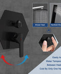 Matte Black Shower System With Tub Spout And Handheld Spray 10 Inch Square Rain Shower Head Wall Mounted High Pressure Rainfall Fixtures For Spa Vibe And Bathroom Upgrade showing control panel and handle adjustment diagram