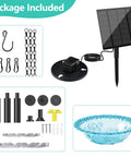 Package contents of Solar Hanging Bird Bath Fountain With Cascading Water Effect For Garden Patio And Backyard Outdoor Solar Powered Bird Bath Fountain Easy No Fuss Setup Low Maintenance Water Display, including solar panel and accessories.