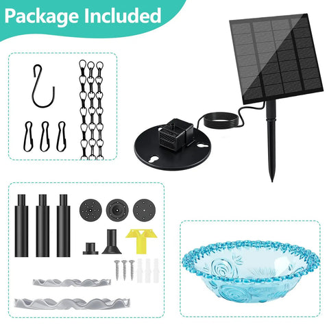 Package contents of Solar Hanging Bird Bath Fountain With Cascading Water Effect For Garden Patio And Backyard Outdoor Solar Powered Bird Bath Fountain Easy No Fuss Setup Low Maintenance Water Display, including solar panel and accessories.