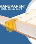 Transparent safety orange guard on heavy MDF crosscut sled for table saw ensuring precision and safety during cuts.