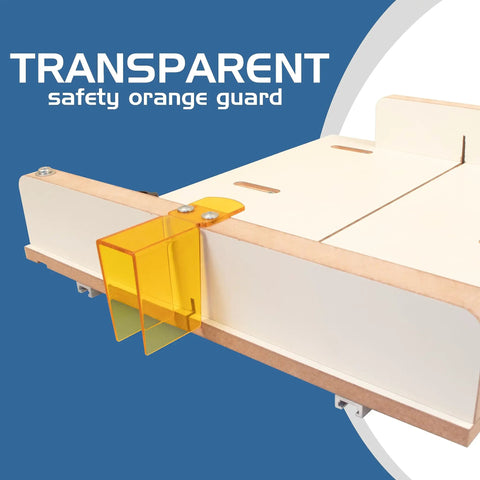 Transparent safety orange guard on heavy MDF crosscut sled for table saw ensuring precision and safety during cuts.