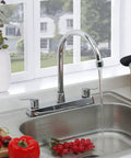 Heavy Duty Two Handle Kitchen Sink Faucet Slick Chrome Finish 360 Swivel High Arch Design Three Hole Deck Mount Tap in modern kitchen.