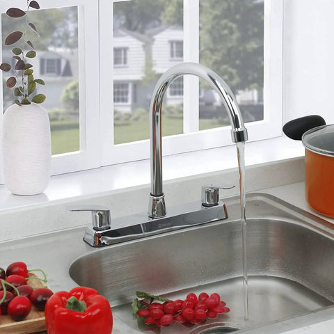 Heavy Duty Two Handle Kitchen Sink Faucet Slick Chrome Finish 360 Swivel High Arch Design Three Hole Deck Mount Tap in modern kitchen.