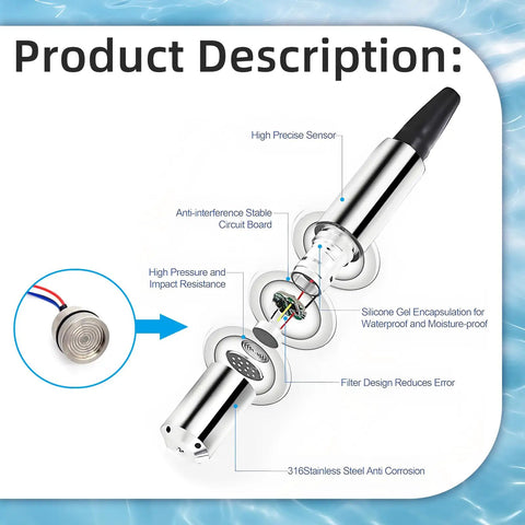 Submersible Water Level Transmitter Sensor For Liquid Monitoring With 4 To 20 mA Output IP68 Waterproof Probe Built Tough Anti Blocking Design Detachable Probe Rugged High Stability Digital Conditioning For Industrial Use, 316 stainless steel probe
