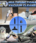 Collage showing Handheld Cordless Car Vacuum 17,000 Pa Suction, used for home, pet hair, and car cleaning, with accessories.