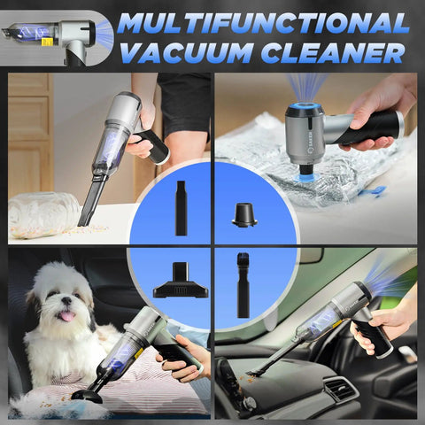 Collage showing Handheld Cordless Car Vacuum 17,000 Pa Suction, used for home, pet hair, and car cleaning, with accessories.