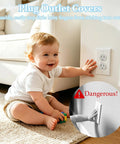 Baby near outlet with warning, part of All In One Baby Proofing Kit 46 Pack For Cabinets Drawers Outlets And Corner Guards