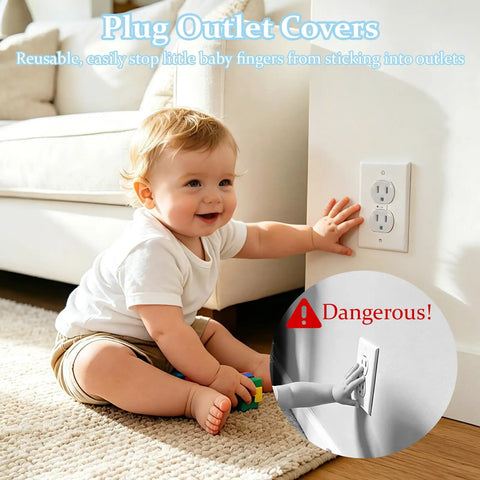 Baby near outlet with warning, part of All In One Baby Proofing Kit 46 Pack For Cabinets Drawers Outlets And Corner Guards