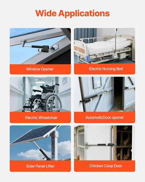 Various applications of 12V Beefed Up 6 Inch Stroke Linear Actuator With 2023 Lbs Thrust 9000N IP65 Waterproof, including doors and machinery.