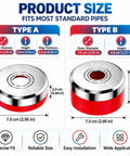 Two Piece Magnetic Split Faucet Covers Adjustable Pipe Escutcheon Plates Quick Snap Magnet Install No Sweat Setup Snug Fit Cover For Hidden U Pipes Under Sink size chart for Type A and Type B with dimensions.
