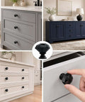 Collage showing Six Black Diamond Crystal Glass Cabinet Knobs 30mm Set for Dressers and Cabinets with close-up on a gray drawer.
