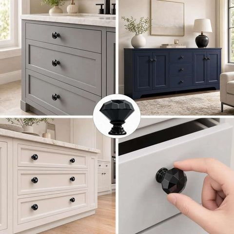 Collage showing Six Black Diamond Crystal Glass Cabinet Knobs 30mm Set for Dressers and Cabinets with close-up on a gray drawer.