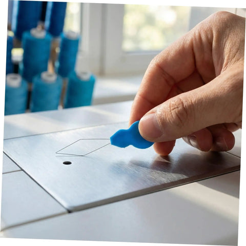 Hand holding Gourd Shaped Plastic Needle Threader For Hand Sewing And Embroidery on sewing machine needle plate